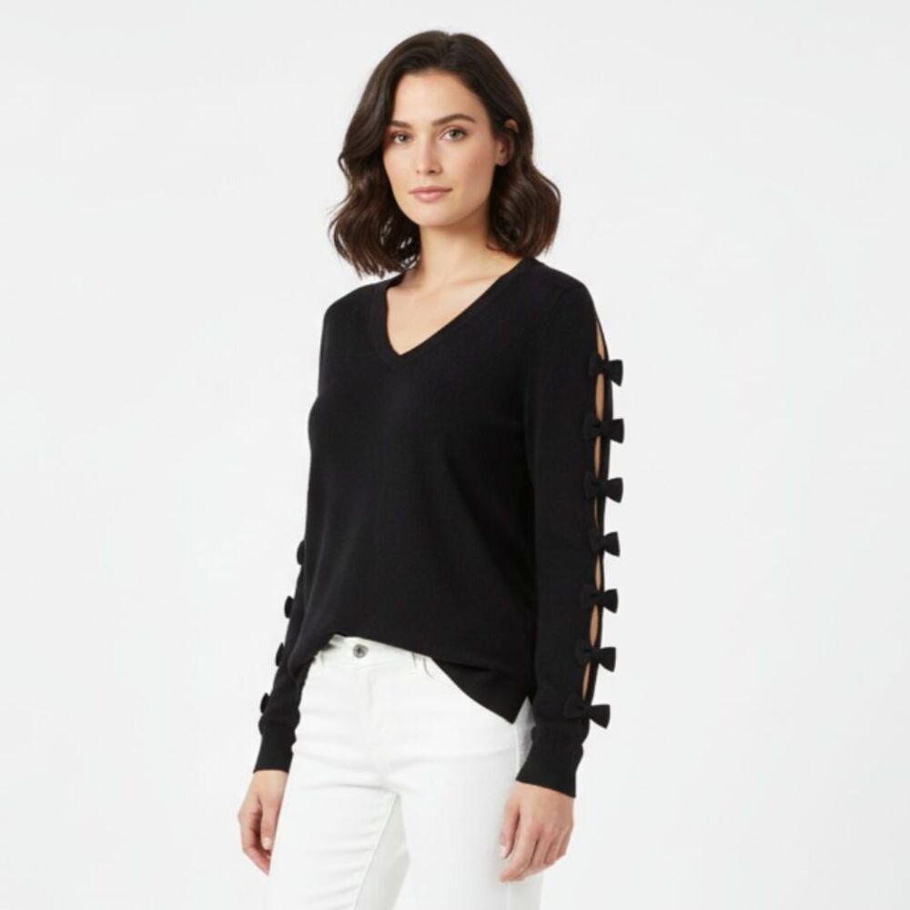 Magaschoni Black Ribbed Long Sleeve Bow Trim Sweater S